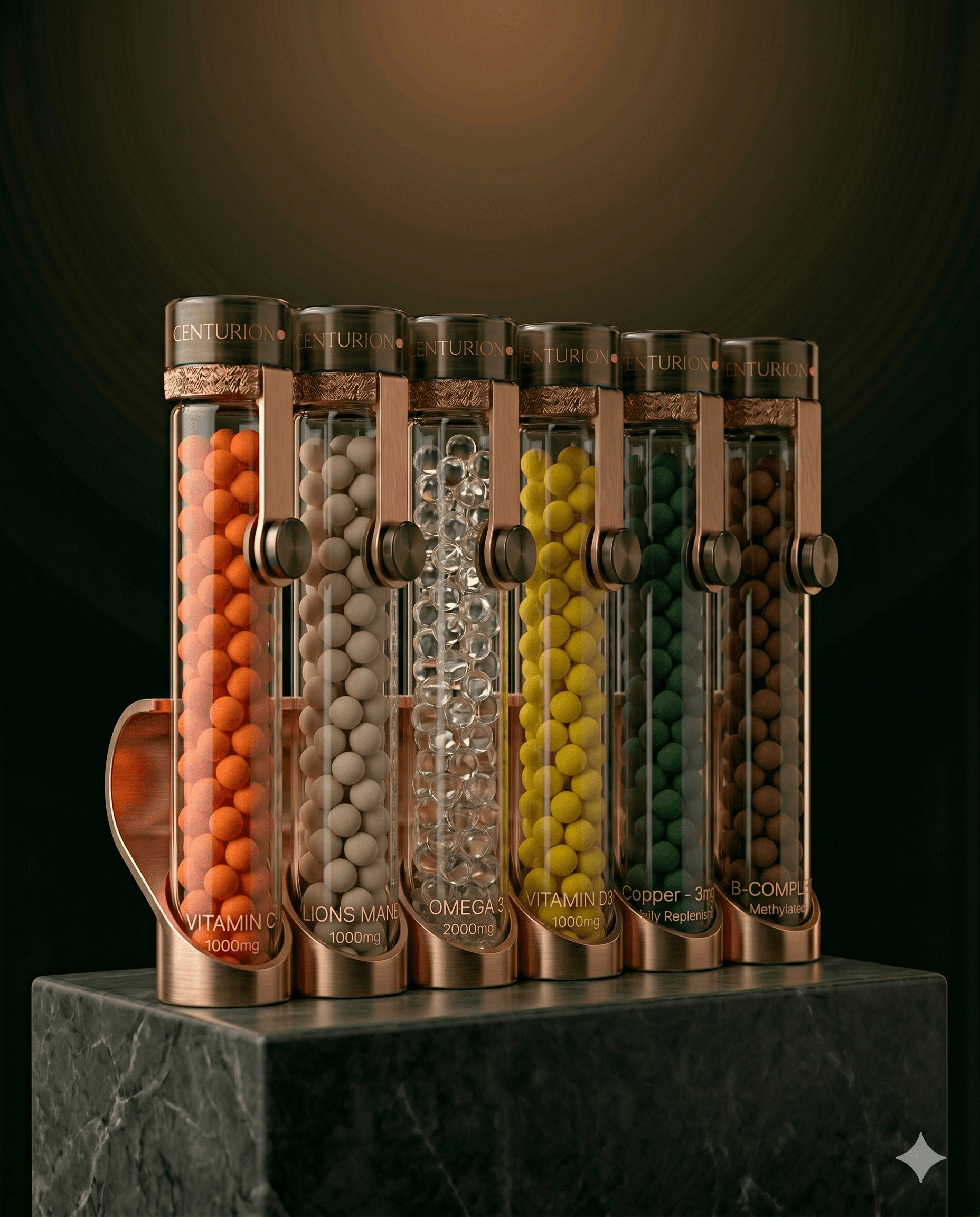 Centurion dispenser rack — six single-compound tubes